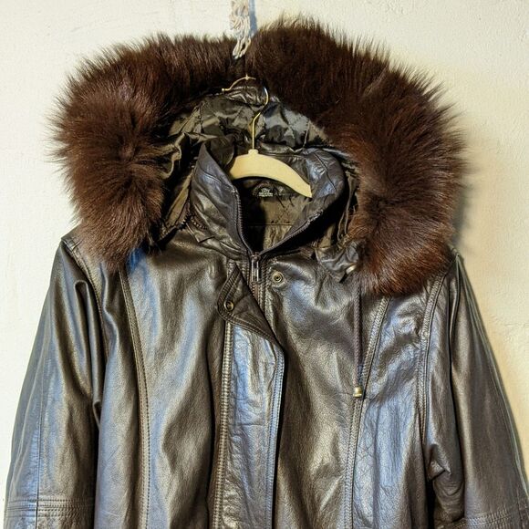 Vintage Jacqueline Ferrar leather coat Small fur trim detachable hood brown - Picture 4 of 9